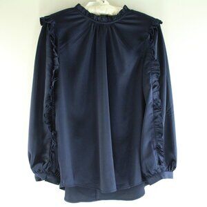 J. Crew Ruffle Sleeve Navy Blue Satin Crepe Loose Fitting Career Blouse Top L